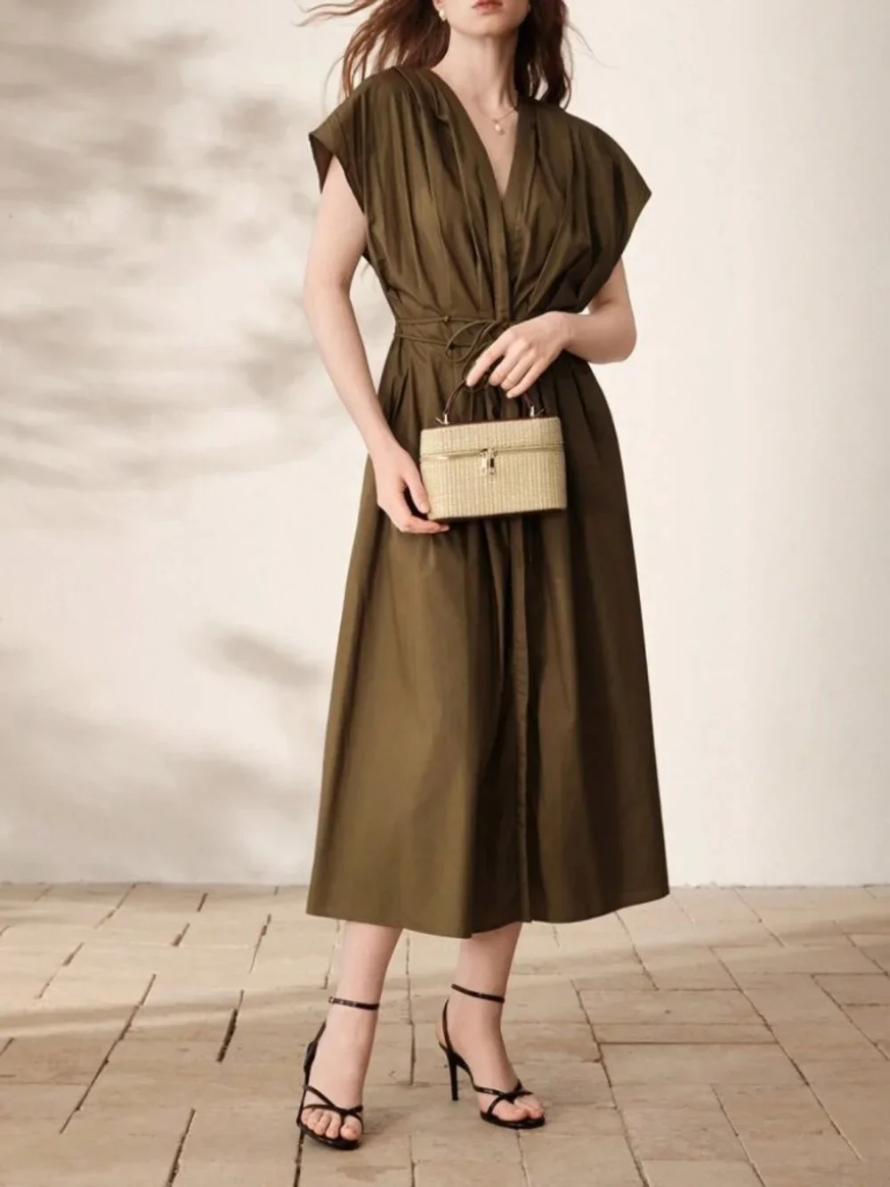 Tan Woven Straw Box Bag with Brown Trim Top Handle
